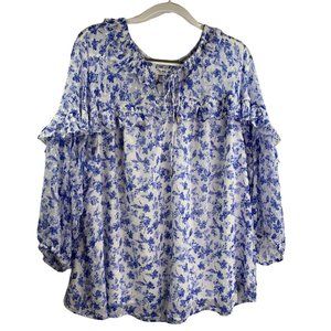 Skies are Blue Chiffon Long Sleeve Blouse White & Blue Floral Print Size 2X NWT